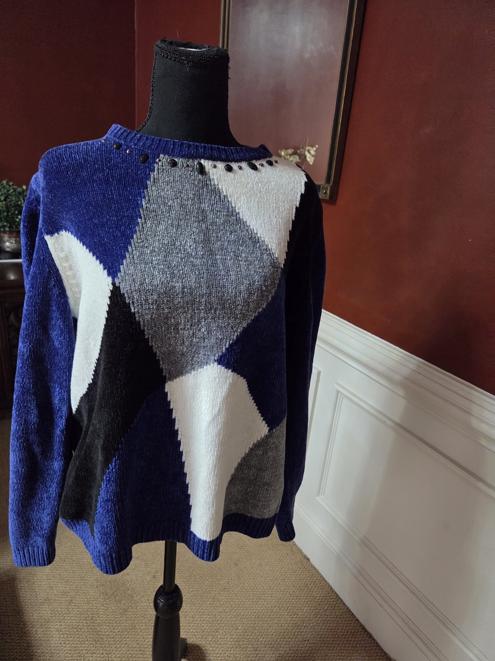 Vintage Alfred Dunner Blue, White, Gray & Black Geometric Crewneck Sweater